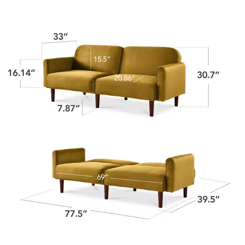 Curved Convertible Futon with Velvet Fabric and Split-Back Sleeper Design