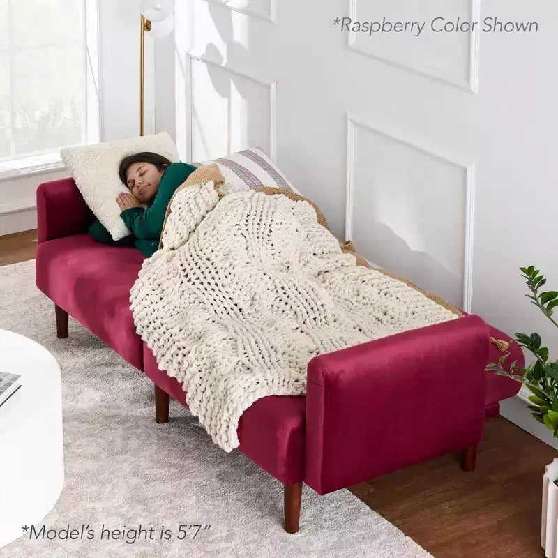 Curved Convertible Futon with Velvet Fabric and Split-Back Sleeper Design