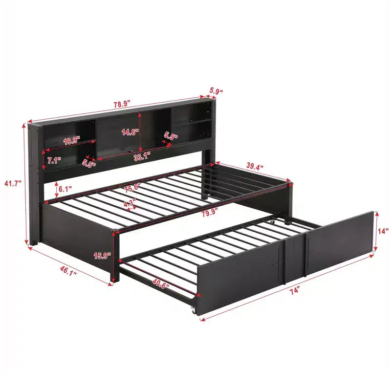 Metal Twin Size Daybed with Twin Trundle, Storage Shelves, and USB Ports