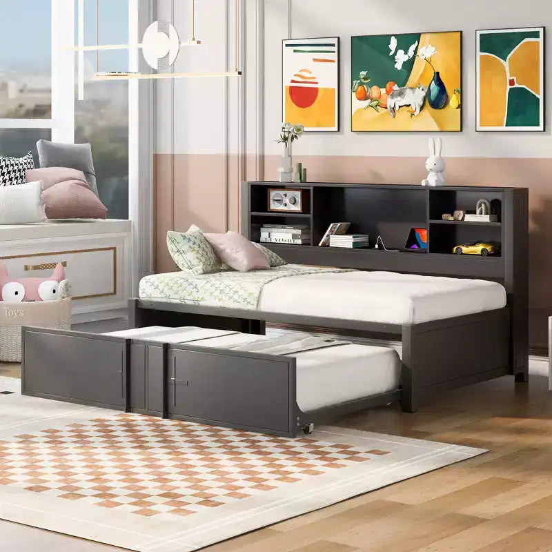 Metal Twin Size Daybed with Twin Trundle, Storage Shelves, and USB Ports