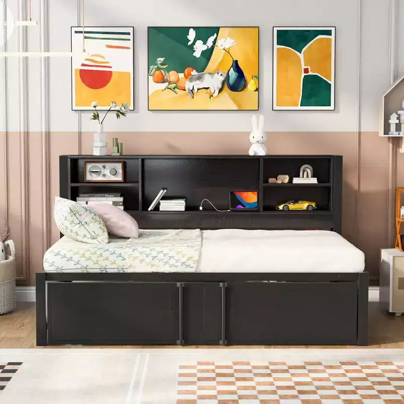 Metal Twin Size Daybed with Twin Trundle, Storage Shelves, and USB Ports