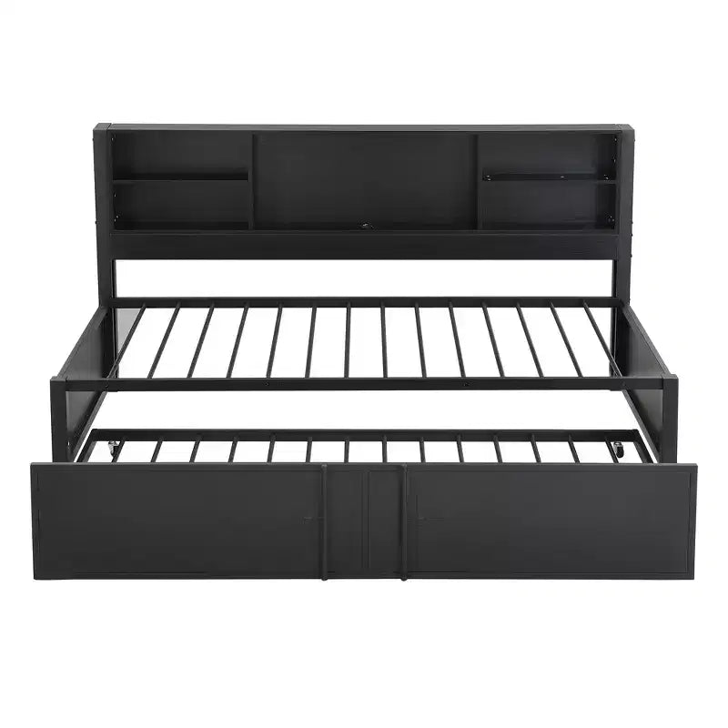 Metal Twin Size Daybed with Twin Trundle, Storage Shelves, and USB Ports