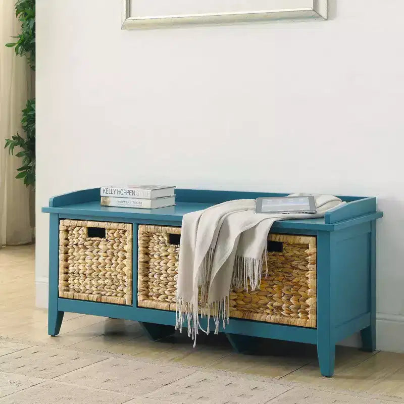 Wooden Storage Bench with 3 Rattan Drawers in Teal