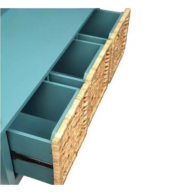 Wooden Storage Bench with 3 Rattan Drawers in Teal