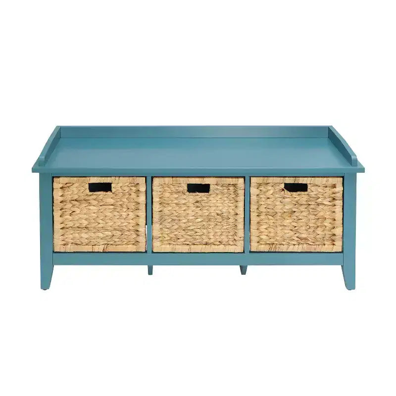 Wooden Storage Bench with 3 Rattan Drawers in Teal