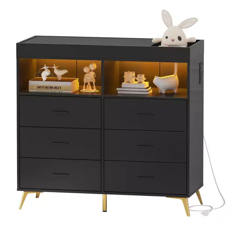 Changing Table Dresser with Drawers, Power Outlet, LED Light, and Metal Feet