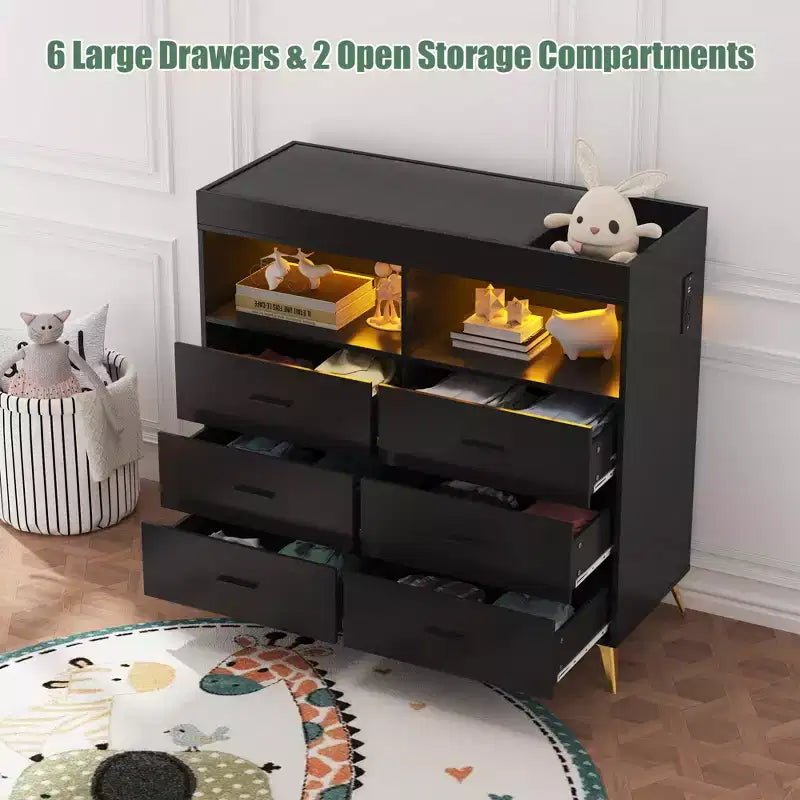 Changing Table Dresser with Drawers, Power Outlet, LED Light, and Metal Feet