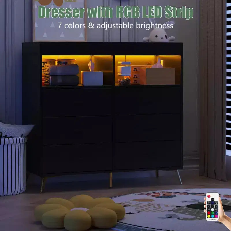 Changing Table Dresser with Drawers, Power Outlet, LED Light, and Metal Feet