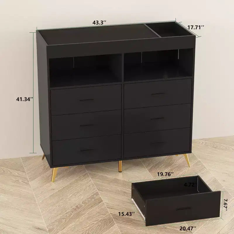 Changing Table Dresser with Drawers, Power Outlet, LED Light, and Metal Feet