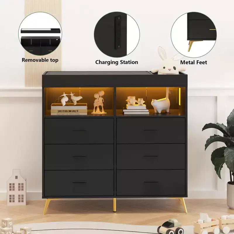 Changing Table Dresser with Drawers, Power Outlet, LED Light, and Metal Feet