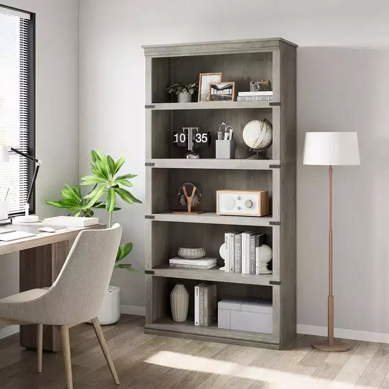 5-Tier Farmhouse Bookcase with Open Storage Shelves, 31.4 x 12.7 x 67.4 Inches