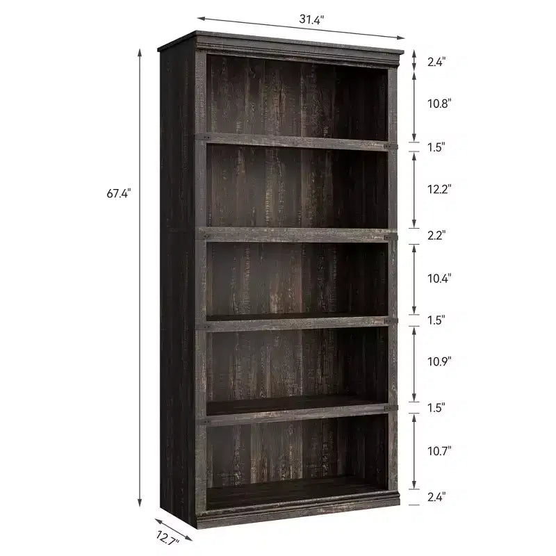 5-Tier Farmhouse Bookcase with Open Storage Shelves, 31.4 x 12.7 x 67.4 Inches