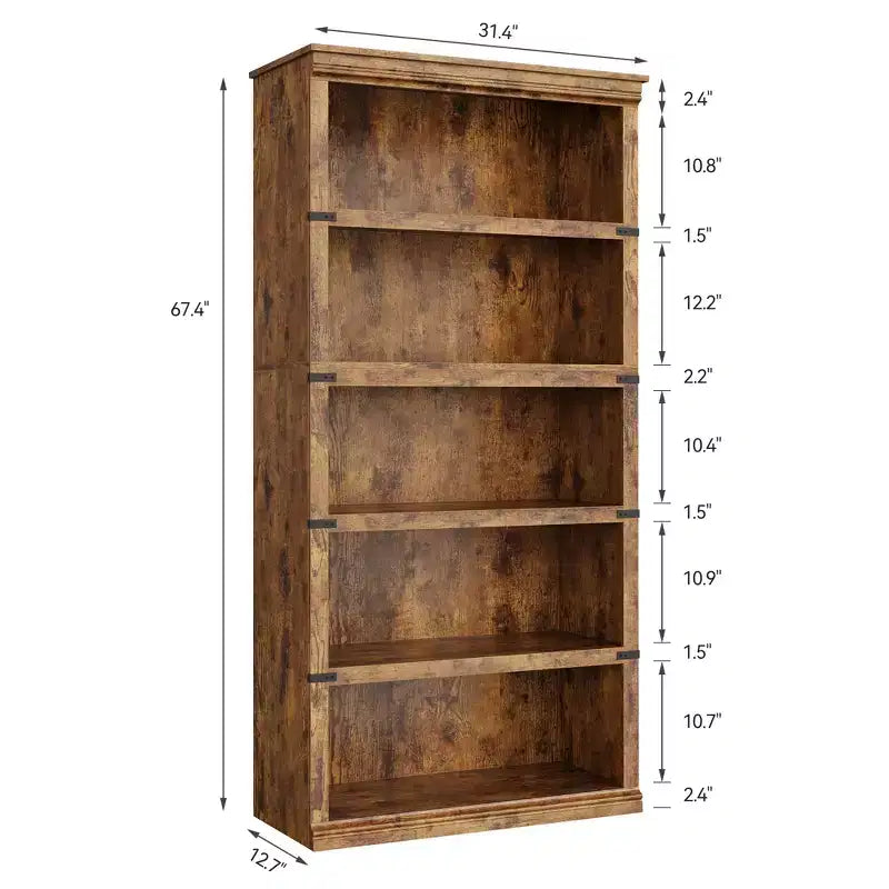 5-Tier Farmhouse Bookcase with Open Storage Shelves, 31.4 x 12.7 x 67.4 Inches