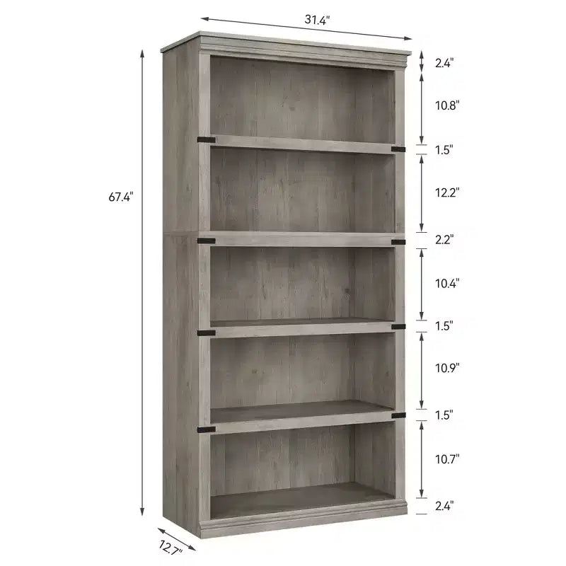 5-Tier Farmhouse Bookcase with Open Storage Shelves, 31.4 x 12.7 x 67.4 Inches