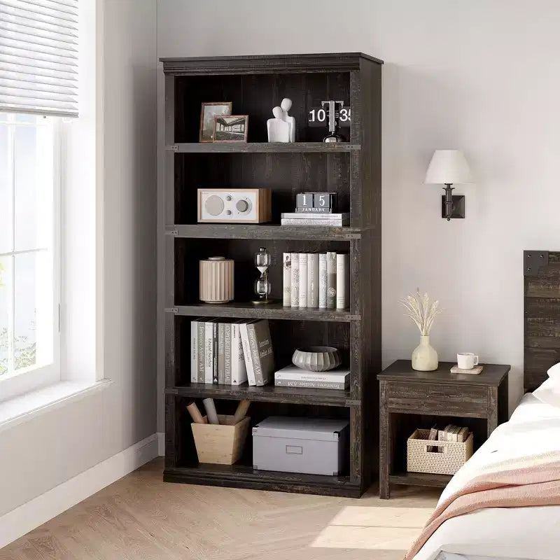5-Tier Farmhouse Bookcase with Open Storage Shelves, 31.4 x 12.7 x 67.4 Inches