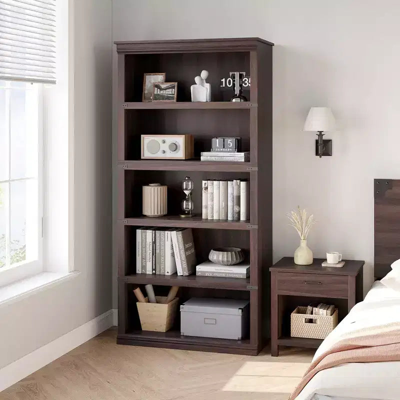 5-Tier Farmhouse Bookcase with Open Storage Shelves, 31.4 x 12.7 x 67.4 Inches