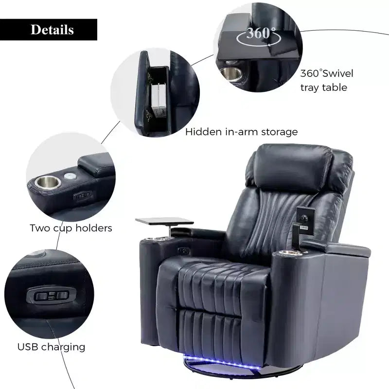 270-Degree Power Swivel Recliner with LED Lights, 360-Degree Tray Table, and USB Port