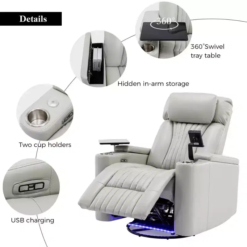 270-Degree Power Swivel Recliner with LED Lights, 360-Degree Tray Table, and USB Port