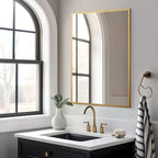 Specchio Rettangolare da Parete con Cornice Sottile in Lega di Alluminio Dorato, 91x61x1.5cm