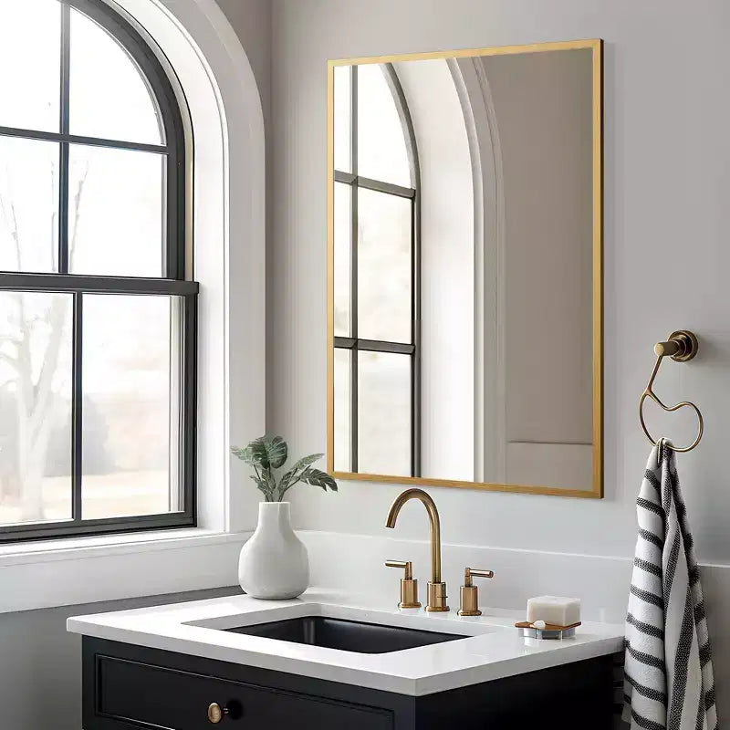 Rectangular Gold Aluminum Alloy Frame Hanging Mirror with Thin Edge, 91x61x1.5cm