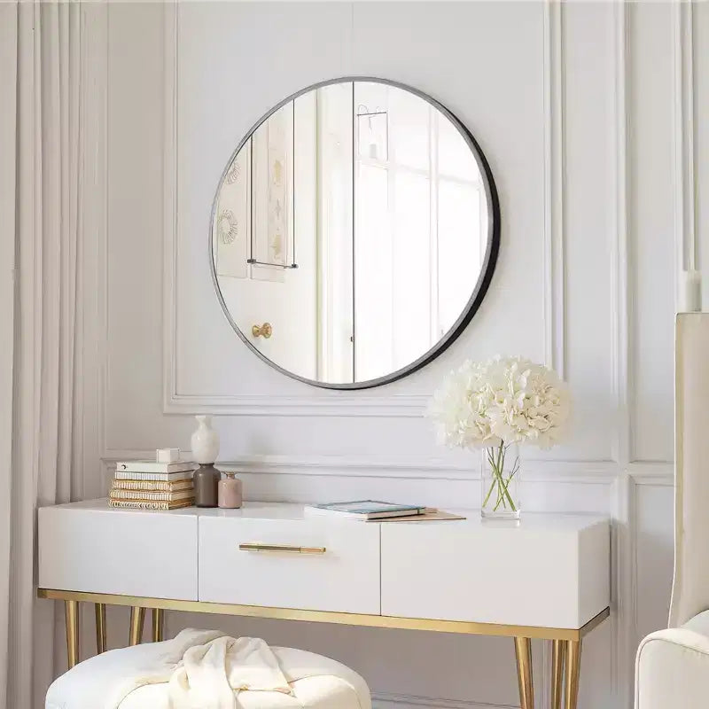 60cm Black Aluminum Round Mirror with Slim Frame, 2.8cm Depth