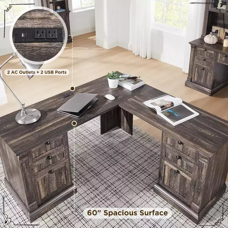 60-Inch L-Shaped Farmhouse Computer Desk with Charging Station, Filing Cabinet, and Drawer