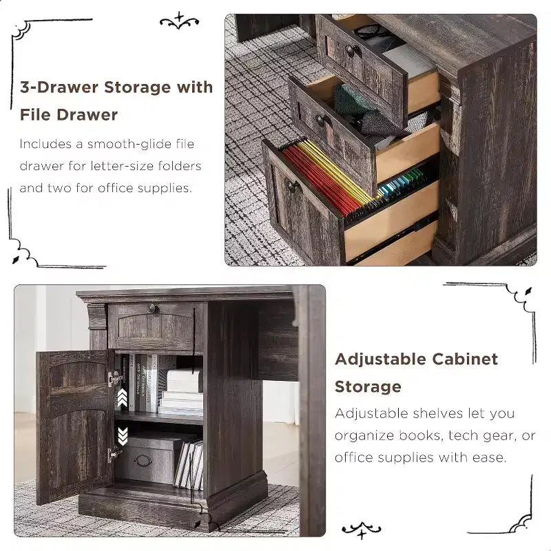 60-Inch L-Shaped Farmhouse Computer Desk with Charging Station, Filing Cabinet, and Drawer