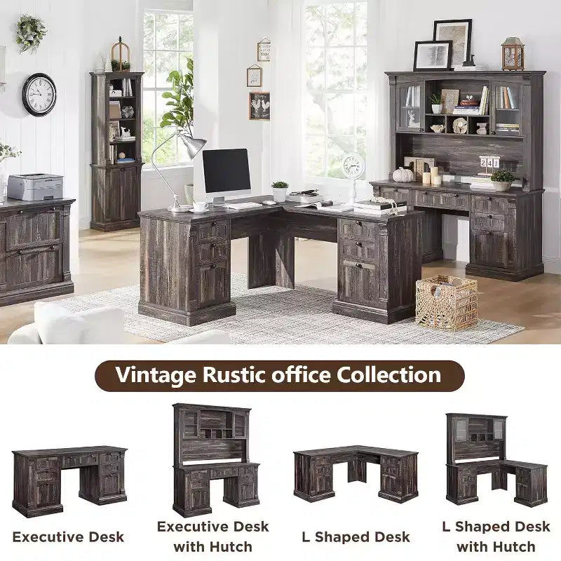 60-Inch L-Shaped Farmhouse Computer Desk with Charging Station, Filing Cabinet, and Drawer