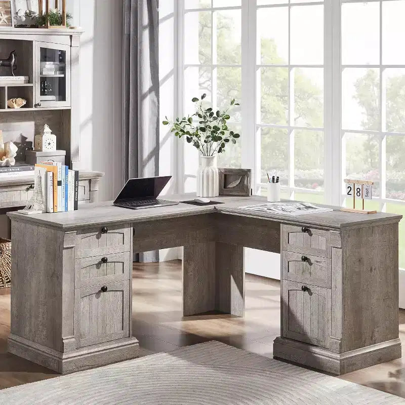 60-Inch L-Shaped Farmhouse Computer Desk with Charging Station, Filing Cabinet, and Drawer