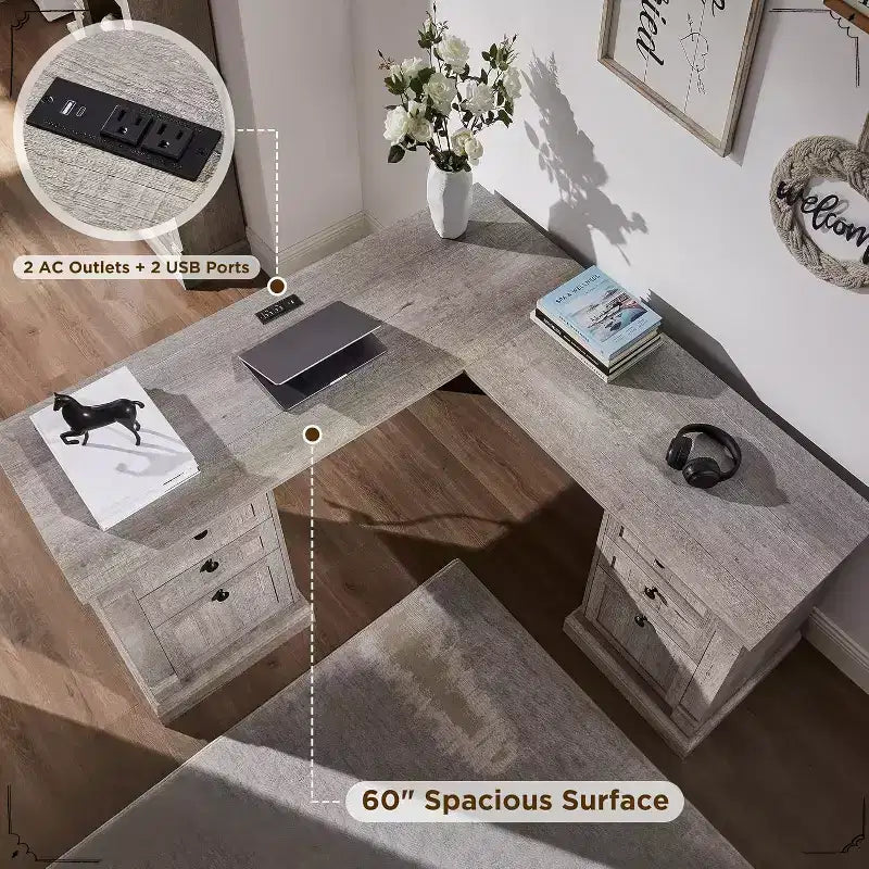 60-Inch L-Shaped Farmhouse Computer Desk with Charging Station, Filing Cabinet, and Drawer