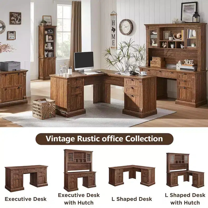 60-Inch L-Shaped Farmhouse Computer Desk with Charging Station, Filing Cabinet, and Drawer
