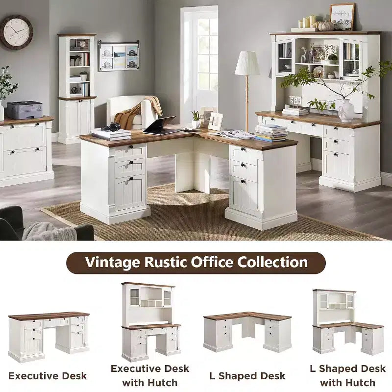 60-Inch L-Shaped Farmhouse Computer Desk with Charging Station, Filing Cabinet, and Drawer