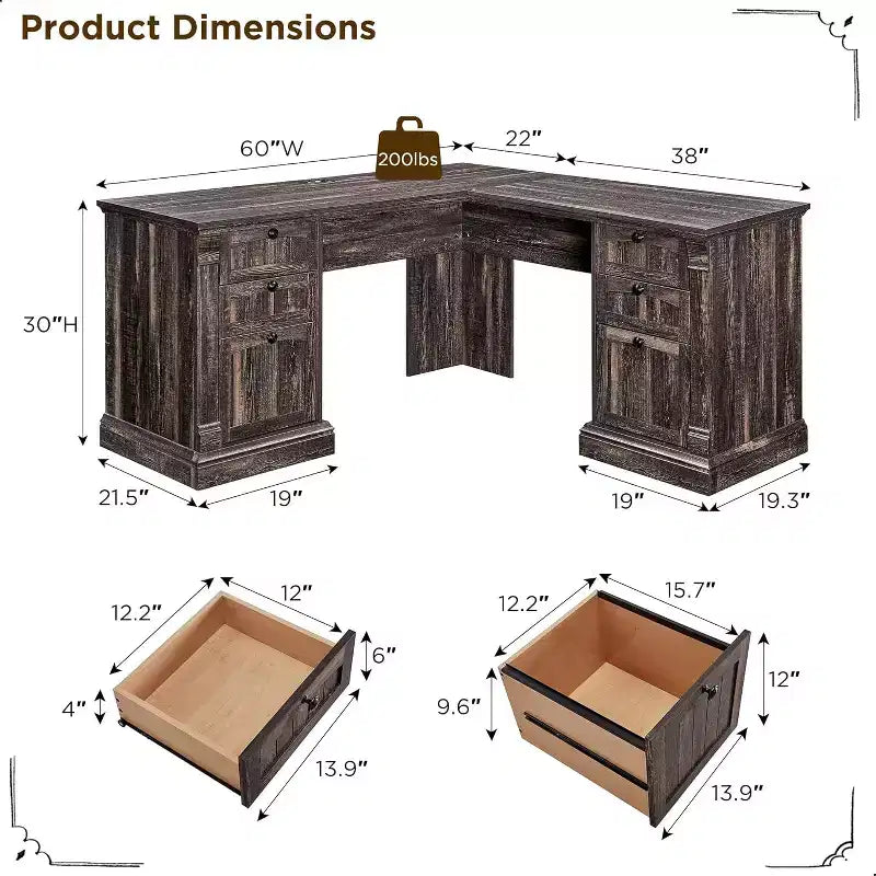 60-Inch L-Shaped Farmhouse Computer Desk with Charging Station, Filing Cabinet, and Drawer