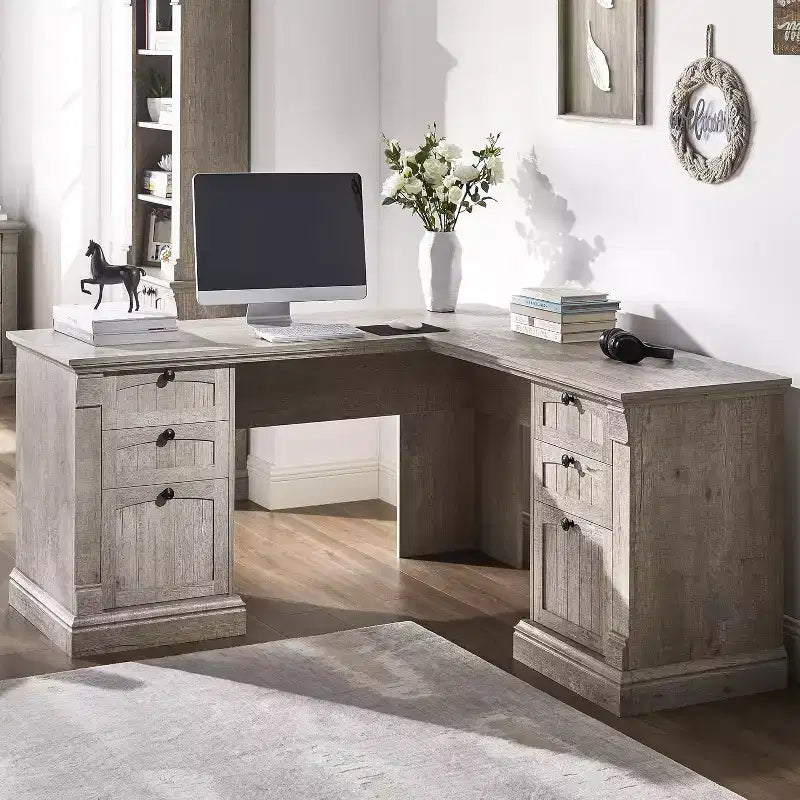 60-Inch L-Shaped Farmhouse Computer Desk with Charging Station, Filing Cabinet, and Drawer
