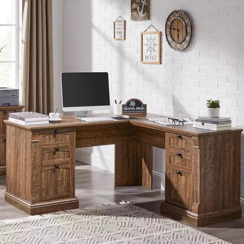 60-Inch L-Shaped Farmhouse Computer Desk with Charging Station, Filing Cabinet, and Drawer