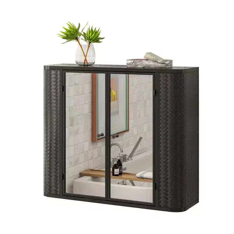 Black Wall-Mounted Bathroom Vanity with 2 Mirrored Doors, Open Shelf, and Farmhouse Metal Frame