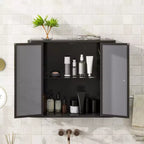 Mobile bagno nero sospeso con 2 ante a specchio, ripiano a giorno e cornice in metallo stile rustico