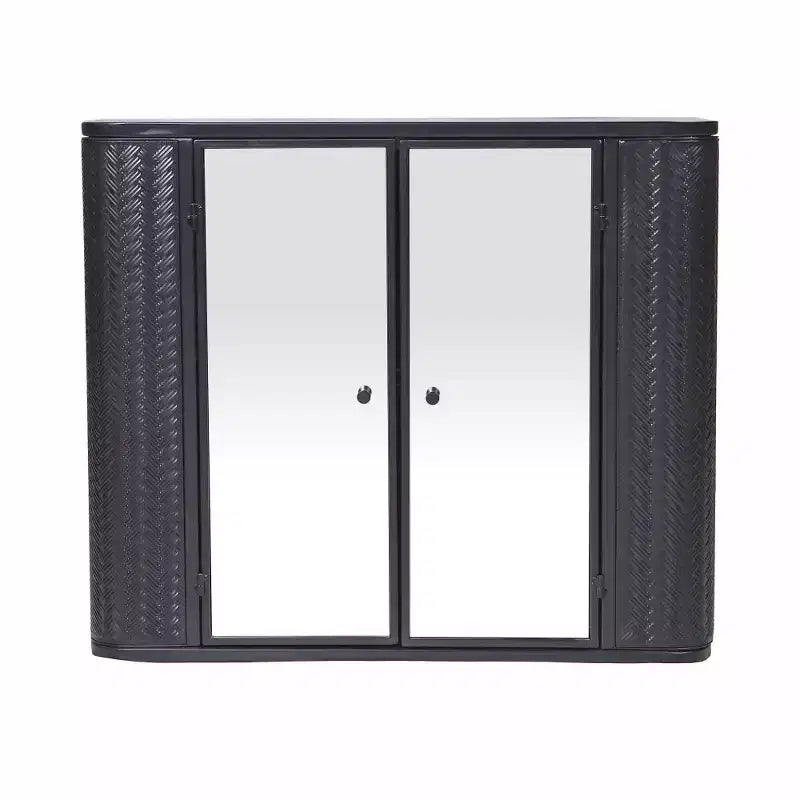 Black Wall-Mounted Bathroom Vanity with 2 Mirrored Doors, Open Shelf, and Farmhouse Metal Frame
