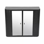 Mobile bagno nero sospeso con 2 ante a specchio, ripiano a giorno e cornice in metallo stile rustico