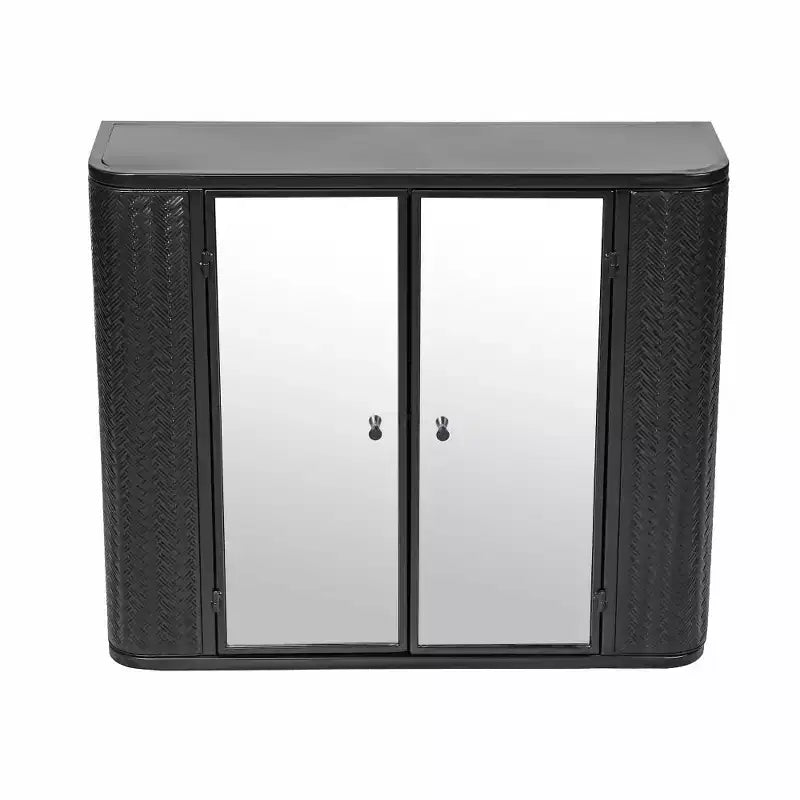 Black Wall-Mounted Bathroom Vanity with 2 Mirrored Doors, Open Shelf, and Farmhouse Metal Frame