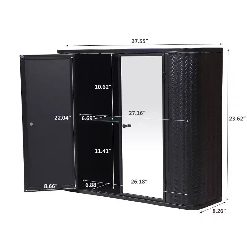 Black Wall-Mounted Bathroom Vanity with 2 Mirrored Doors, Open Shelf, and Farmhouse Metal Frame