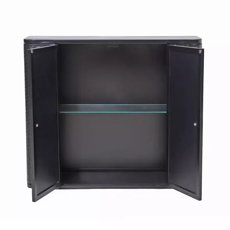 Black Wall-Mounted Bathroom Vanity with 2 Mirrored Doors, Open Shelf, and Farmhouse Metal Frame