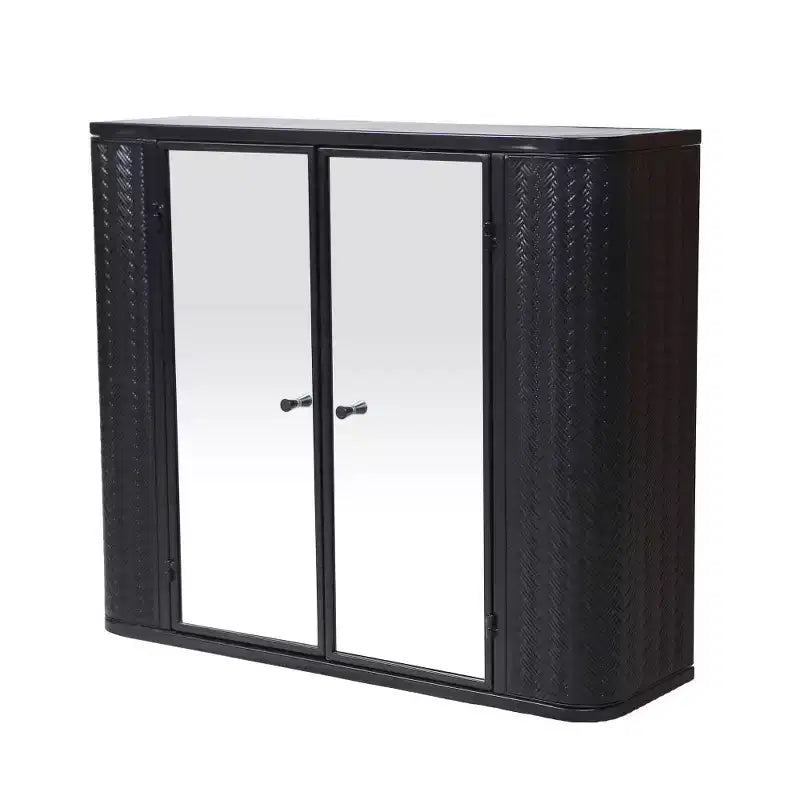 Black Wall-Mounted Bathroom Vanity with 2 Mirrored Doors, Open Shelf, and Farmhouse Metal Frame