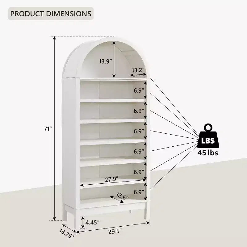 Arched Farmhouse Bookshelf with Adjustable Shelves and Open Display Shelf