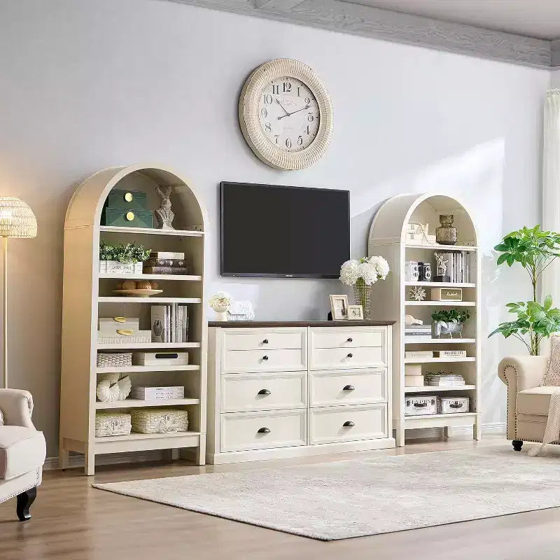 Arched Farmhouse Bookshelf with Adjustable Shelves and Open Display Shelf