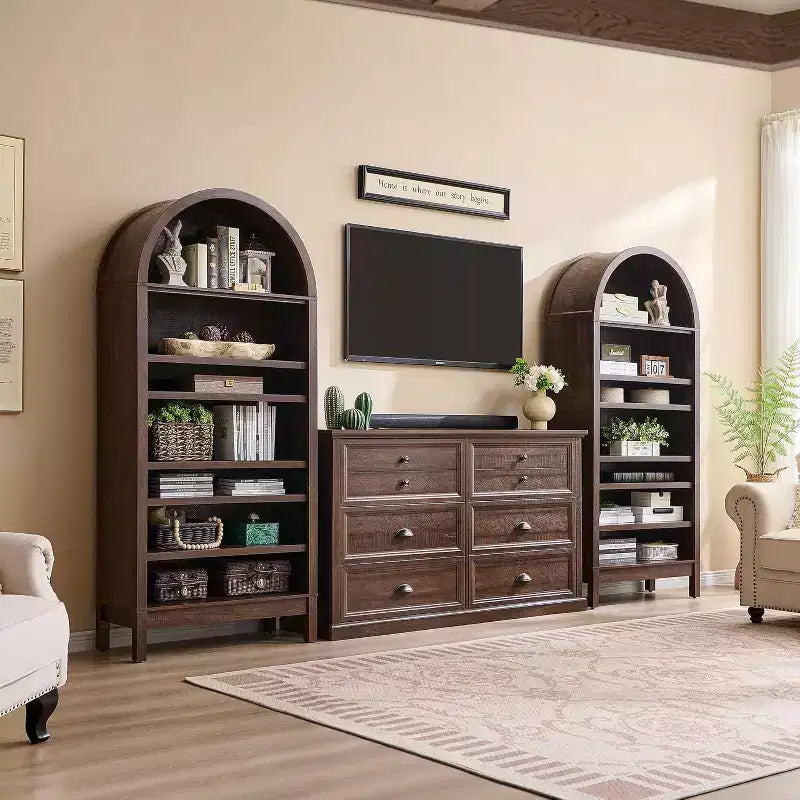 Arched Farmhouse Bookshelf with Adjustable Shelves and Open Display Shelf