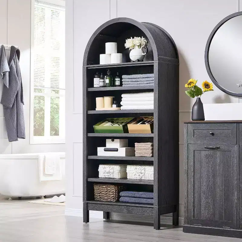 Arched Farmhouse Bookshelf with Adjustable Shelves and Open Display Shelf