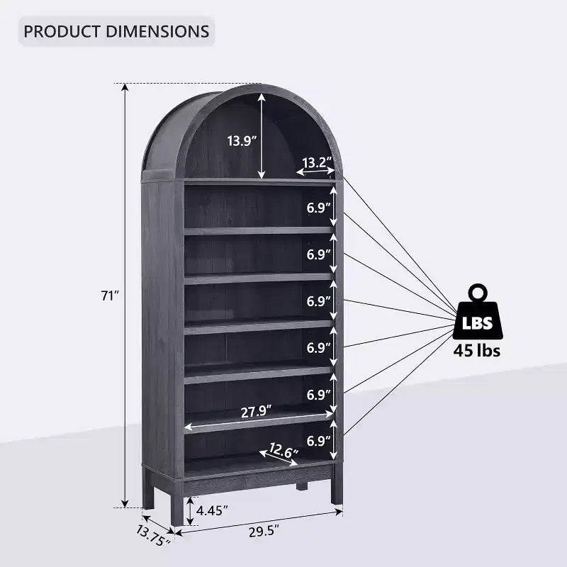 Arched Farmhouse Bookshelf with Adjustable Shelves and Open Display Shelf