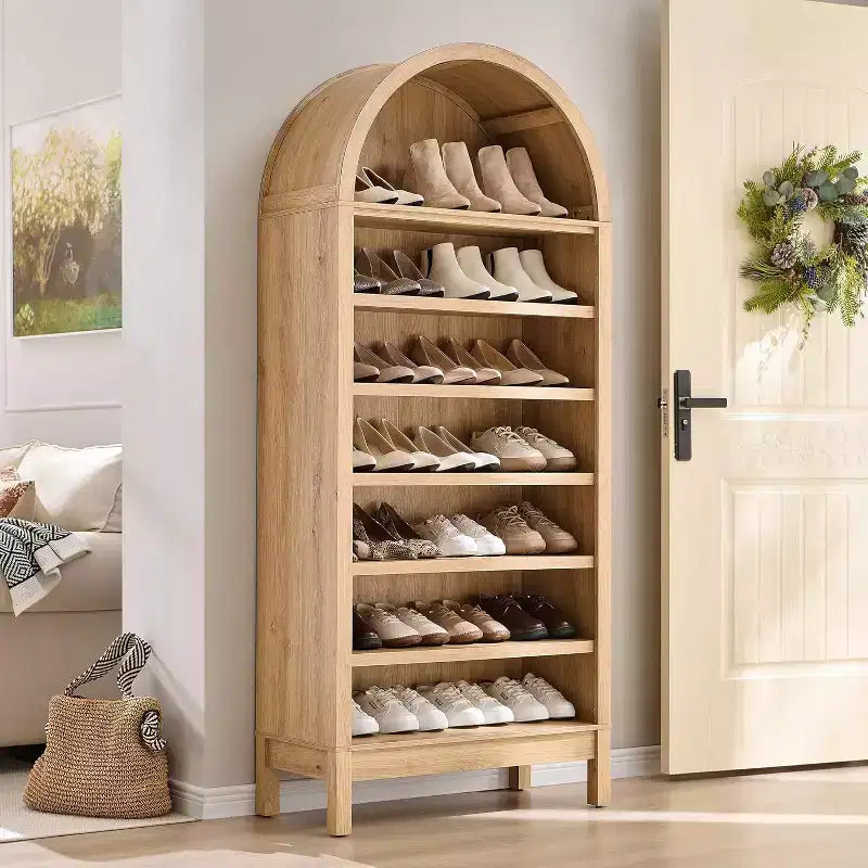 Arched Farmhouse Bookshelf with Adjustable Shelves and Open Display Shelf