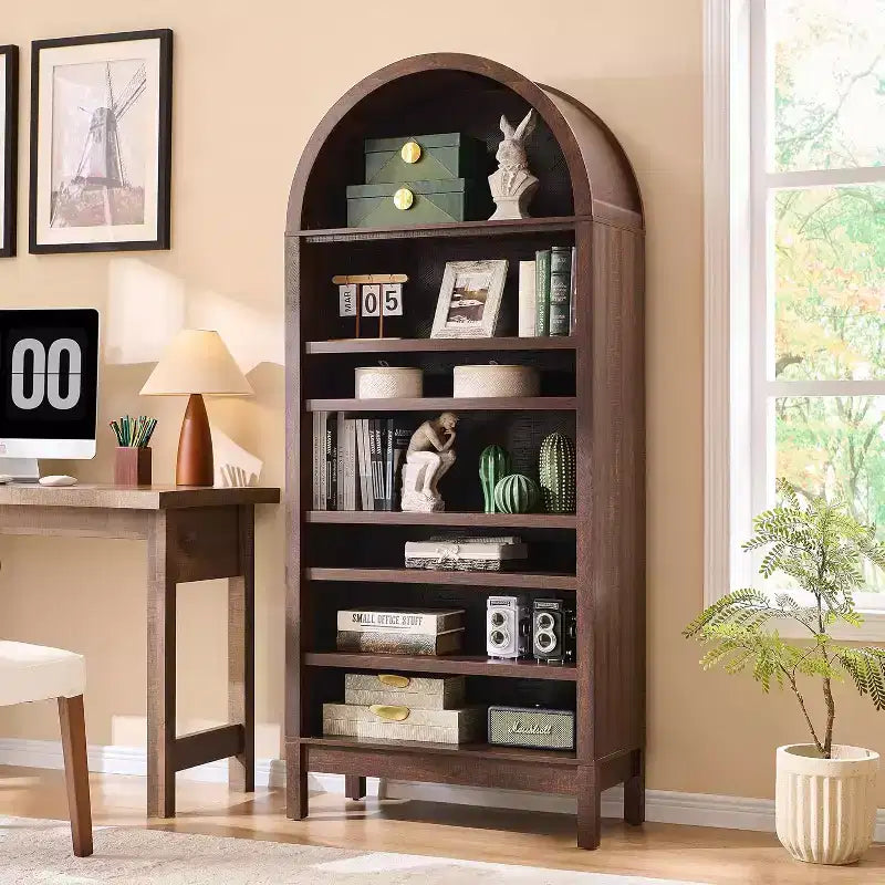 Arched Farmhouse Bookshelf with Adjustable Shelves and Open Display Shelf